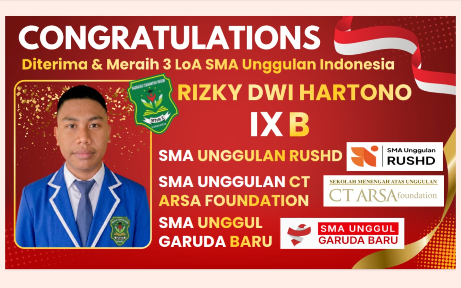 Tiga Pintu Masa Depan Terbuka untuk Rizky Dwi Hartono: Dari MTsN 2 Surakarta Menuju Sekolah-Sekolah Terbaik Nasional